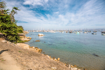 The Pacific Ocean coast in the city of Monterey in California. United States of America. Beautiful beach on a sunny day. Ocean landscape.