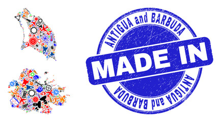 Service mosaic Antigua and Barbuda map and MADE IN distress rubber stamp. Antigua and Barbuda map mosaic designed from spanners,wheels, tools,items,cars,power bolts,bugs.