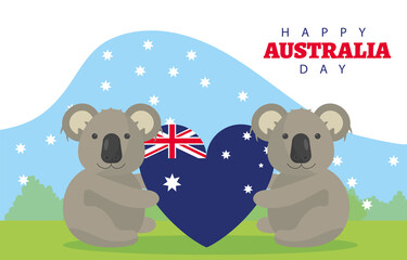 happy australia day lettering with koalas and flag in heart