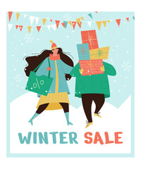 Banner for Christmas or Winter sale. People running after shopping. Color people in winter warm cloth. Vector illustration.