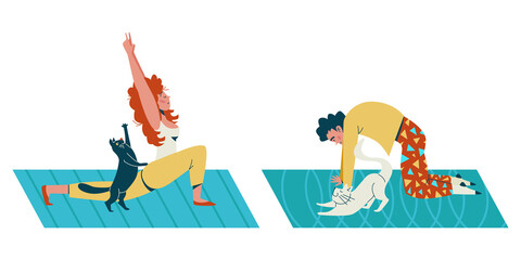 Fototapeta premium People practicing yoga with pets, man and woman exercising with cats and dogs isolated on white. Home training. Hobby. Stay home.