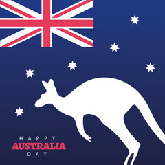 happy australia day lettering with kangaroo silhouette and flag