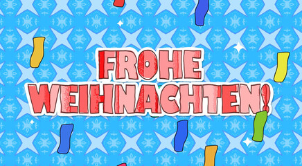 Light background with the inscription Frohe Weihnachten - MERRY CHRISTMAS in German,in the style of a child's drawing in winter colors. Attractive festive backdrop, web banner or splash screen