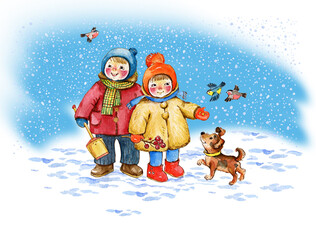  Watercolor illustration of children in the winter