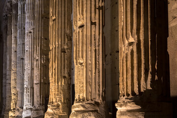 Detail of illuminated column architecture of Pantheon by night, Rome - Italy