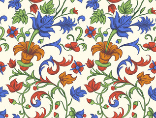 Vintage vector ornament. Flowers and leaves. Floral seamless pattern. - 401264999