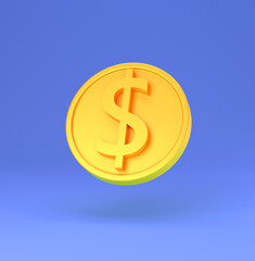 Golden coin with dollar sign minimal cartoon 3d render illustration