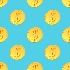 Realistic Gold 3d coins with dollar sign seamless pattern. Seamless wrapping pattern of shiny money 3d render illustration