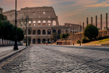 Via dei Fori Imperiali street in the historic center of Rome, Italy, completely deserted, with the...