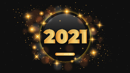 Realistic golden 2021 happy new year text effect with bokeh and light