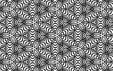 Black white geometric texture with folk pattern in doodling style. Ethnic background for wallpaper, textiles, business cards, coloring books.