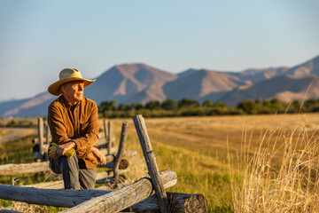 USA, Idaho, Bellevue, Rancher leaning against fence on field