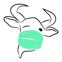 Bull with horns in a medical mask isolated on a white background. Symbol of 2021. Vector illustration.