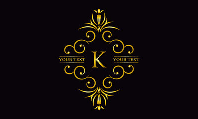 Premium monogram design with letter K. Exquisite gold logo on a dark background for a symbol of business, restaurant, boutique, hotel, jewelry, invitations, menus, labels, fashion.