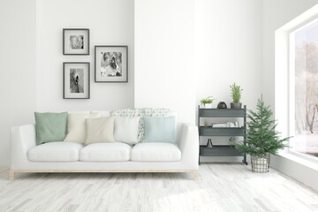 Fototapeta premium White living room with sofa. Scandinavian interior design. 3D illustration