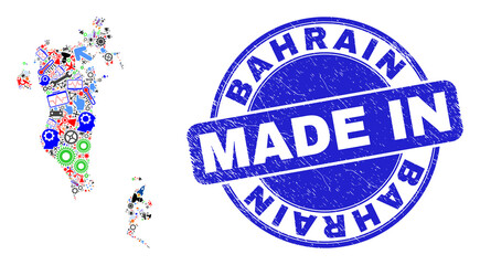 Engineering mosaic Bahrain map and MADE IN scratched stamp. Bahrain map collage designed with spanners,wheels,screwdrivers,components,vehicles, electric bolts,details.
