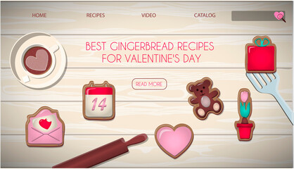Website page with a gift for Valentine s Day. Romantic picture in pink, turquoise and red. Master class on baking cookies with icing for the holiday of all lovers. Vector illustration for the app