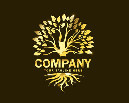 luxury gold root and tree logo design template
