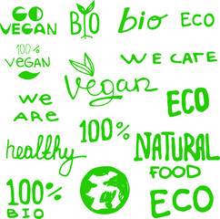 15 words for ecology, vegan and natural products. labels for eco food. Vector