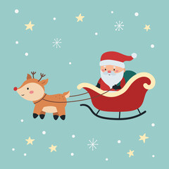 Cute cartoon Santa Claus with sleigh and deer. Merry Christmas greeting card. Cartoon kawaii character. Happy New Year postcard.