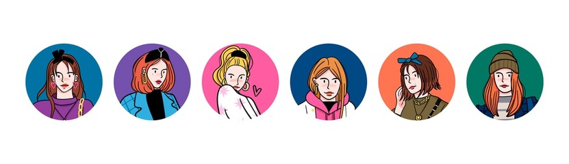 Stylish ladies. Round icons. Portraits of Pretty young women. Fashion models. Fancy look. Cartoon comic, sketch style. Set of six Vector illustrations. Avatar or print template. Social media concept