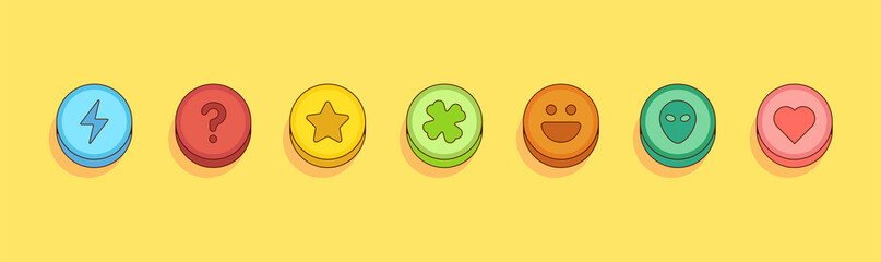 Different colorful ecstasy pills line vector illustration in cartoon style
