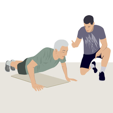 Personal trainer, senior citizen doing exercises to strengthen muscles - vector. Activity for the elderly