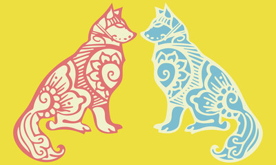 Vector illustration with silhouette of a wolf in an mandala ornament. Hand drawn engraving style for tattoo, print, poster, sticker, card design.