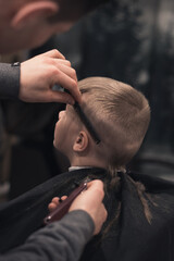 Obraz na płótnie Canvas A pretty boy toddler happy to be on the haircut with a professional children's hairdresser. Blond little boy having a haircut at hair salon. Hairdresser's hands making hairstyle to child.
