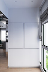 3d render of a kitchen cabinet for making coffee. Modern interior design with a large panoramic window. Luxury interior with daylight