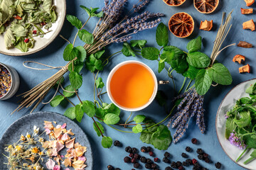 Herbal tea, natural, organic, and healthy, with an assortment of ingredients, with a tea cup, shot from the top on a blue background