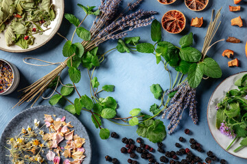 Herbal tea design template with copy space. An assortment of natural, organic, and healthy ingredients, forming a frame, overhead shot