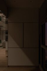 3d render of a kitchen cabinet for making coffee. Modern interior design with a large panoramic window. Luxury interior with night light