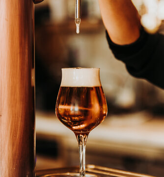 Crop hand of barman filling glass goblet with draught foamy beer from tap while working at bar counter in restaurant