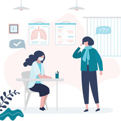 Nurse in protection mask exams patient. Female character at doctor's appointment. Interior of office or cabinet