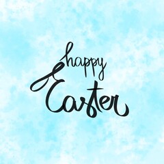 Happy Easter illustration brush hand lettering on blue white background. Holiday greeting card or postcard. Black sign sweet lettered quote. Modern calligraphy. Template for invitation.