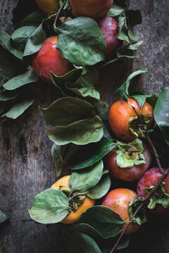 Top view composition of twigs with sweet ripe persimmon fruits placed on gray wooden table