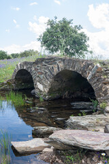 Fototapeta na wymiar Old stone bridge over a stream during the summer in Malpartida de Plasencia.