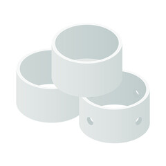 Stack of different types concrete ring isometric icon. Concrete sewerage and septic tanks well element set, isolated on a white background. Building materials. Vector illustration. 3D flat style.