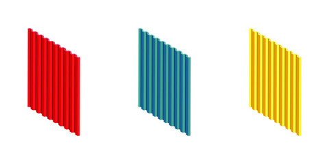 Metal roof, metal siding, profiled sheeting for covering or fencing. Galvanized iron sheets isometric vector icon. Corrugated roofing sheets isolated on white background. Colored wavy slate. 