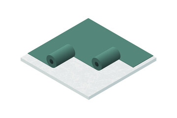 Vector illustration rubber roofing membrane, EPDM or roofing felt installation on low-slope building roof. Flat roof waterproofing with polymer bitumen mastic and ruberoid gradient insulation. Flat 3D