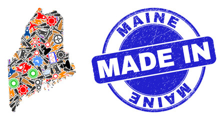 Production mosaic Maine State map and MADE IN distress rubber stamp. Maine State map mosaic designed with wrenches,wheels,instruments,components,transports,electricity bolts,details.