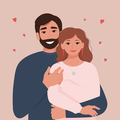 Fototapeta premium Portrait of a happy couple in love - a man and a woman. Valentine's Day celebration. Vector illustration in flat style