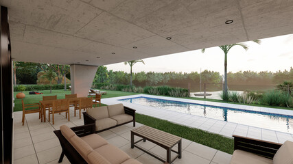Exterior of contemporary house with modern design and swimming pool in green yard with tropical plants