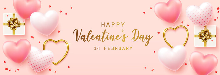 Happy Valentine's Day with calligraphy text. Horizontal banner for the website. Romantic background with realistic design elements, gift box, metal hearts, balloons in the shape of heart