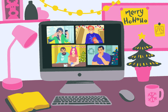 Online Celebrate Christmas. Virtual Party, Meet Up, Video Conference.