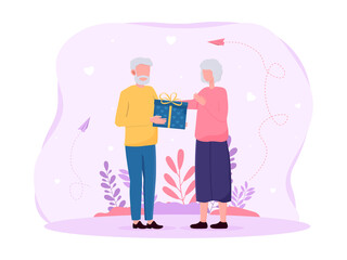 Elderly couple giving each other gifts. Grey man is holding present he got from his wife. Concept of romance maintaining. Flat cartoon vector illustration