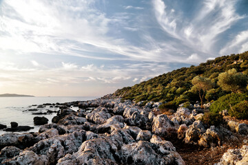 Fototapeta na wymiar View of the bays of the Mediterranean Sea from the Lycian Way in Turkey.