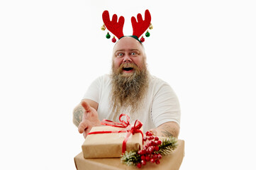 Isolated closeup portrait on a white background of an overweigh happy man with tattooed arms...