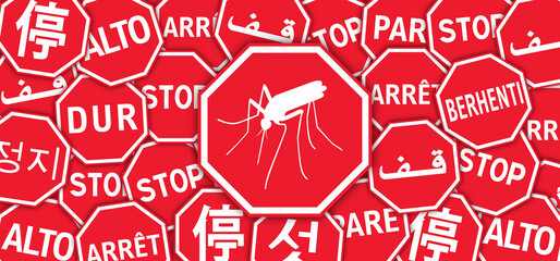 Stop malaria, zika or dengue. Caution, warning mosquitos drinking blood. World mosquito day. Flat vector signaling. Insect bite, blood infection ( illness ). Spread malaria virus fever alert.